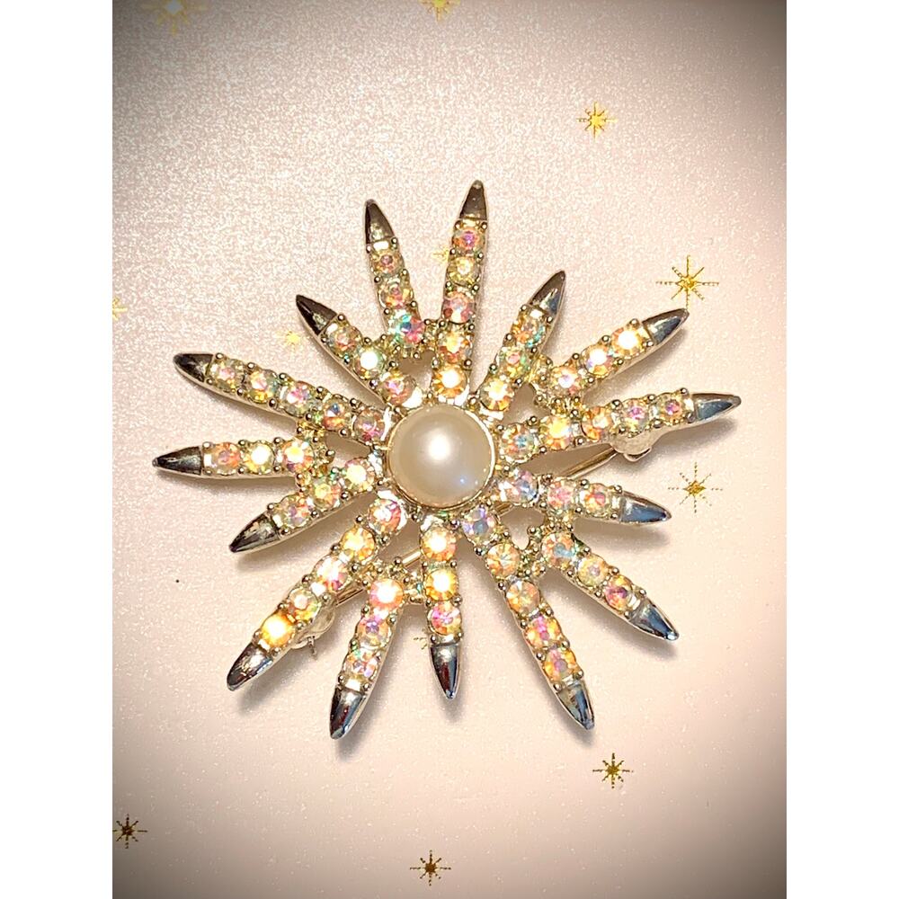 Emmons Brooch with aura borealis rhinestones faux pearl